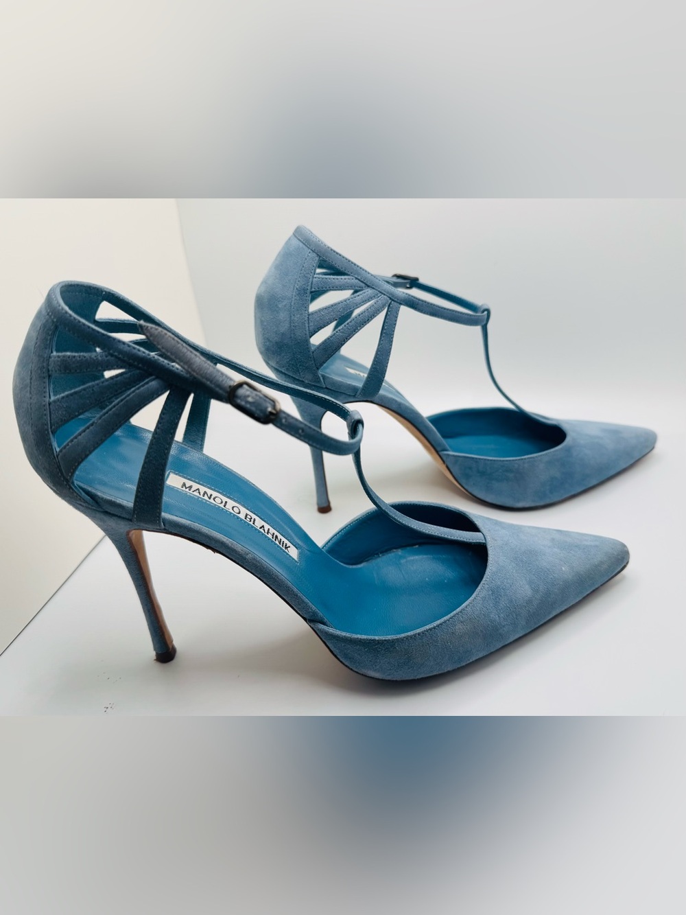 Manolo Blahnik Powder Blue Suede T-Strap Pumps